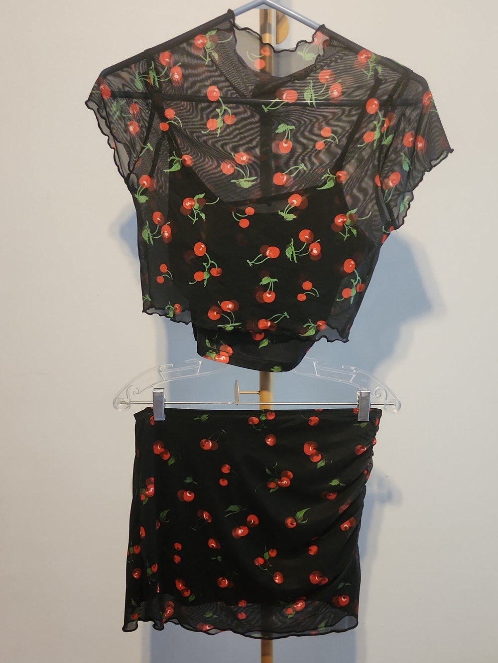 Black Cherry Print Mesh Skirt for Women